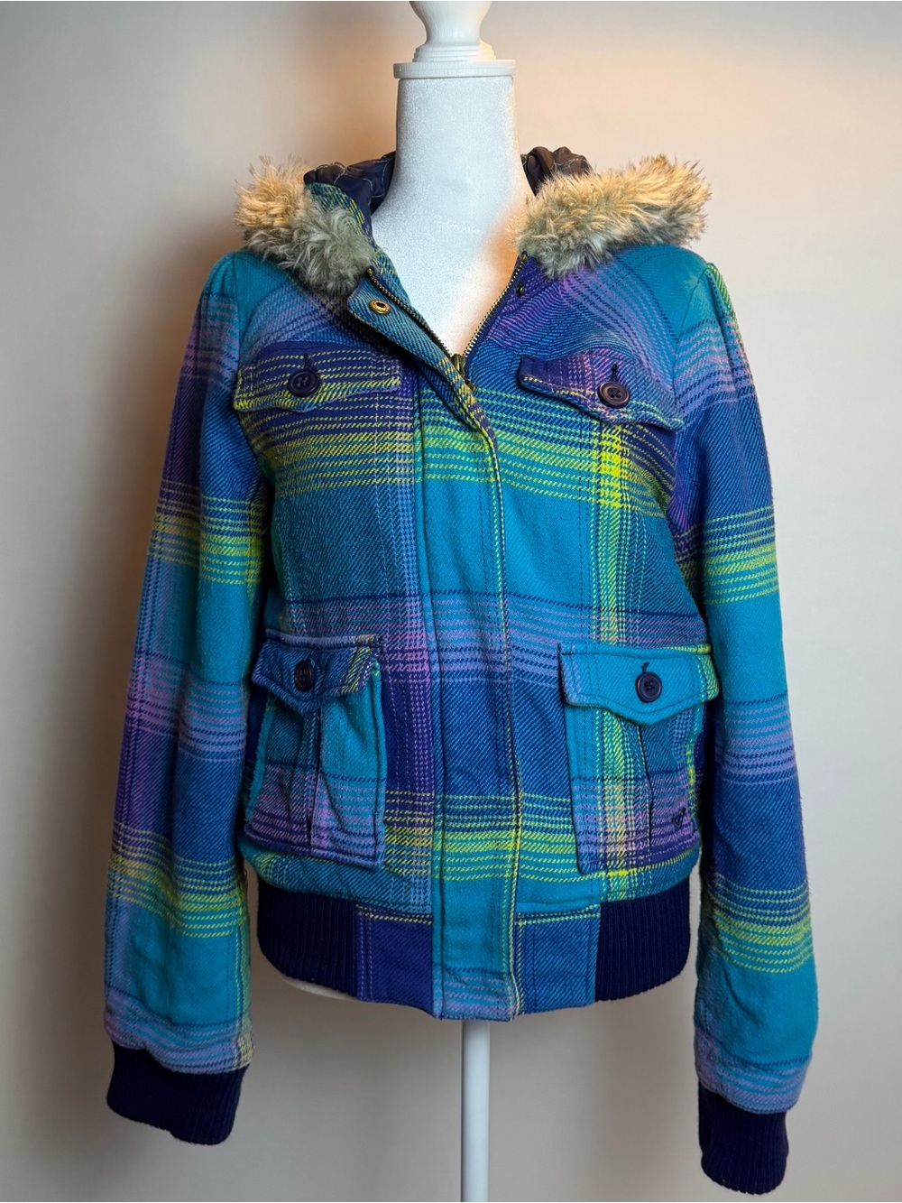 Roxy Teal, Purple & Yellow Plaid Hooded Bomber Jacket with Faux-Fur Trim